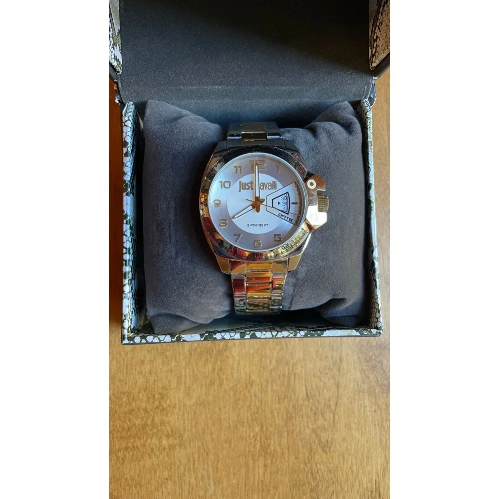 Just Cavalli Mens Silver Stainless Steel Date Watch 5ATM New in Box
